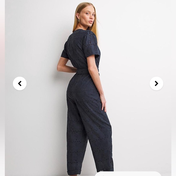 Whistles Zoe Broderie Jumpsuit Eyelet Self Tie Straight Leg Navy Blue Sz 2 NWT - Picture 4 of 8